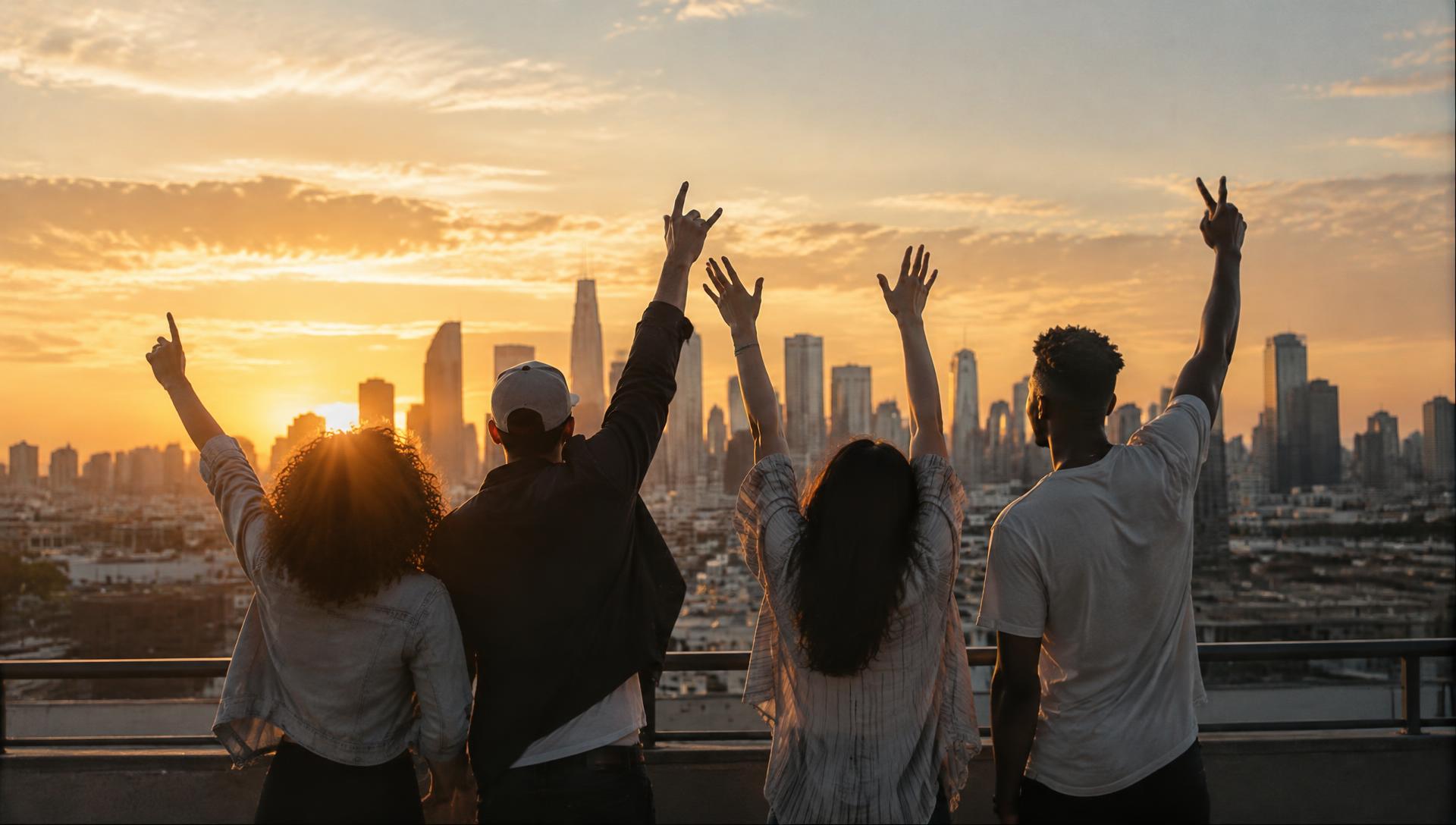 Persone insieme al tramonto su una terrazza